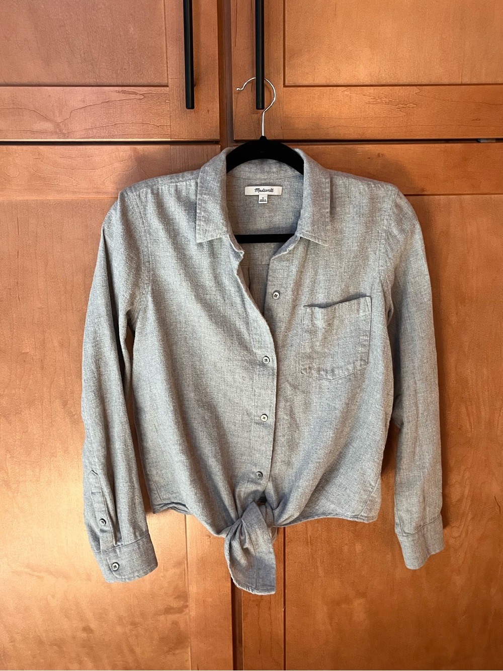 Madewell Flannel Cotton Button-Front Tie Hem Shirt - Light Gray